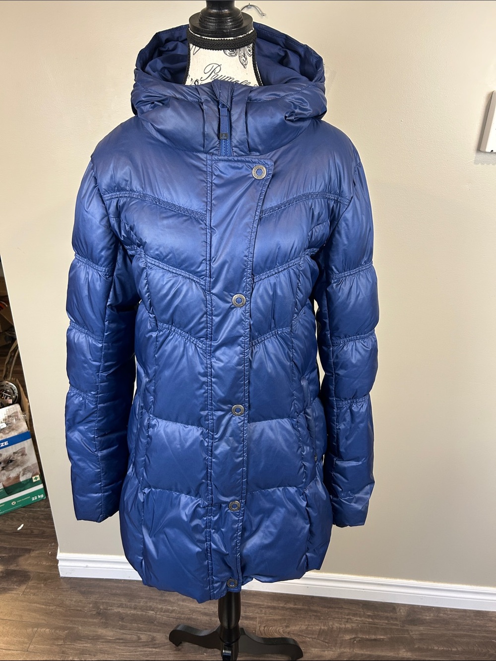 prAna Milly 650 Fill Down Feather Hooded Puffer Coat Blue Women’s Large